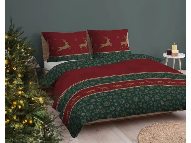 Pościel bawełniana świąteczna 160x200 śnieżynki renifery klasyczny wzór
