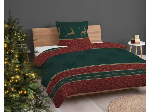 Pościel świąteczna bawełniana 140x200 klasyczny wzór z reniferami i śnieżynkami