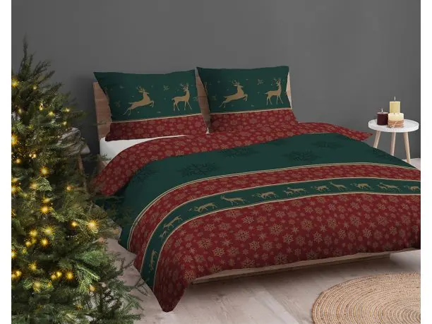 Pościel świąteczna bawełniana 160x200 klasyczny wzór z reniferami i śnieżynkami