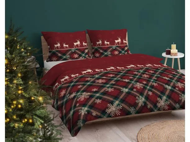 Pościel świąteczna 160x200 tradycyjny wzór z reniferami i śnieżynkami
