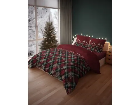 Pościel świąteczna 160x200 tradycyjny wzór z reniferami i śnieżynkami