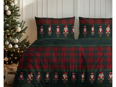 Pościel świąteczna 160x200 klasyczna krata z dziadkami do orzechów