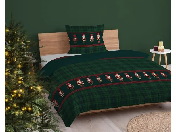 Pościel świąteczna 140x200 klasyczna krata zielona z dziadkami do orzechów