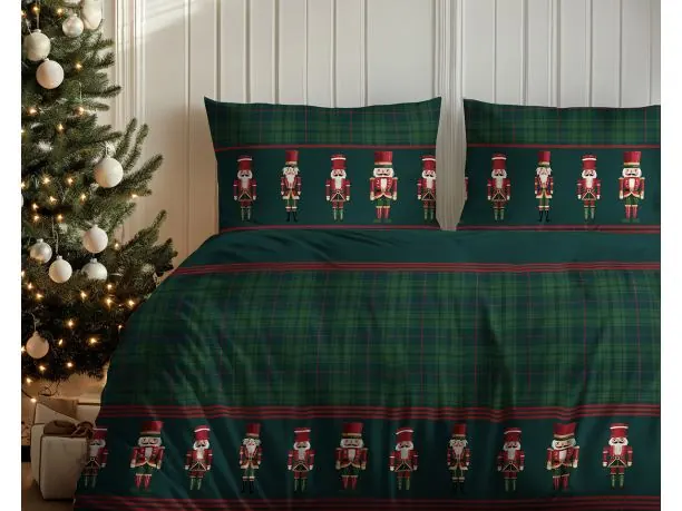 Pościel świąteczna 220x200 klasyczna krata zielona z dziadkami do orzechów