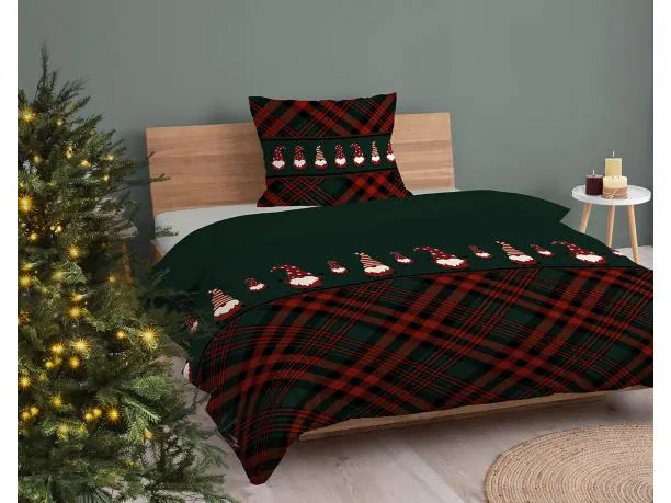 Pościel świąteczna 140x200 krata ciemnozielona bordowa z krasnalami