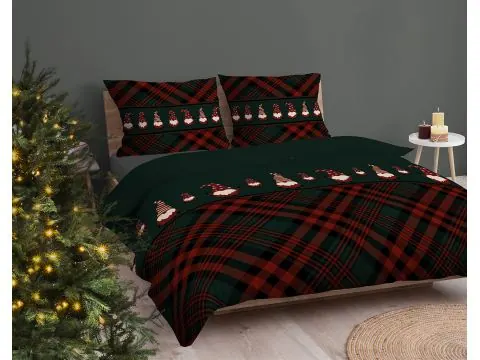 Pościel świąteczna 220x200 tartanowa krata z motywem krasnali