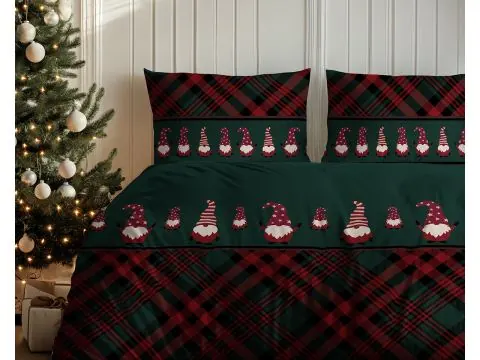 Pościel świąteczna 220x200 tartanowa krata z motywem krasnali
