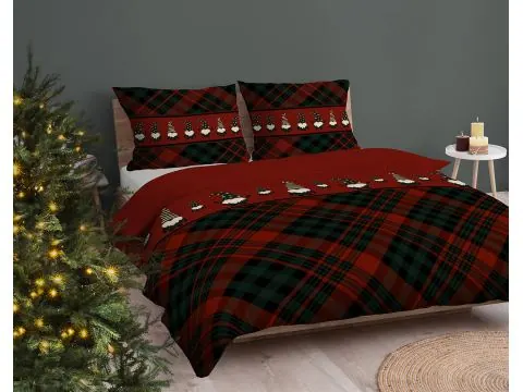 Pościel świąteczna 160x200 tartanowa czerwona krata z krasnalami