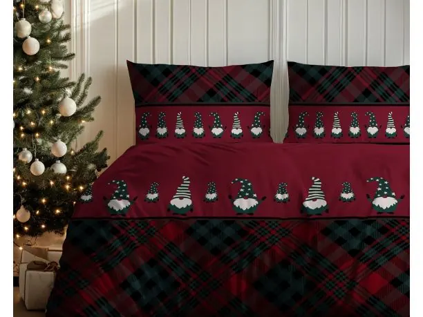 Pościel świąteczna 220x200 tartanowa czerwona krata z krasnalami
