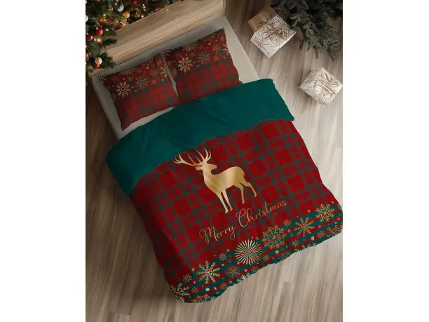 Pościel świąteczna 220x200 Złoty Jeleń w Świątecznej czerwonej Kracie