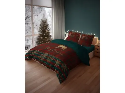 Pościel świąteczna 220x200 Złoty Jeleń w Świątecznej czerwonej Kracie