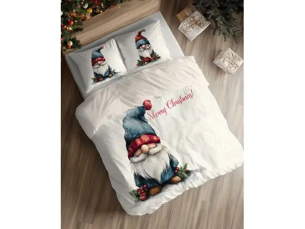 Pościel świąteczna 160x200 Skrzat Świąteczny na Ecru z Niebieską Czapą