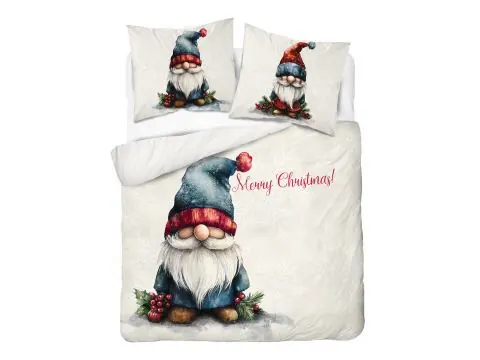 Pościel świąteczna 220x200 Skrzat Świąteczny na Ecru z Niebieską Czapą