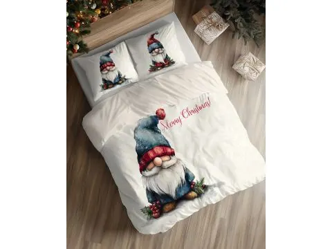 Pościel świąteczna 220x200 Skrzat Świąteczny na Ecru z Niebieską Czapą