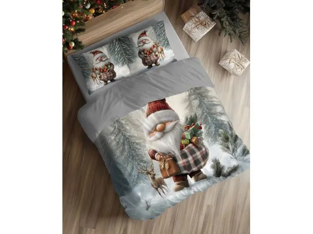 Pościel świąteczna bawełniana 160x200 Świąteczny Skrzat w kratę z Prezentami