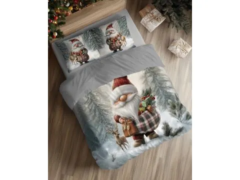 Pościel świąteczna bawełniana 220x200 Świąteczny Skrzat w kratę z Prezentami