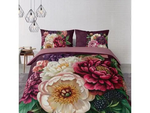 Pościel bawełniana 220x200 Kwiatowa – Bukiet Piwonii na Burgundzie