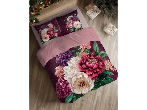 Pościel bawełniana 220x200 Kwiatowa – Bukiet Piwonii na Burgundzie