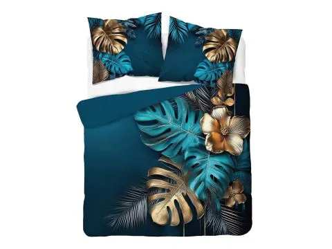 Pościel bawełniana 220x200 Tropikalna Turkusowo-Złota z Motywem Liści i Kwiatów