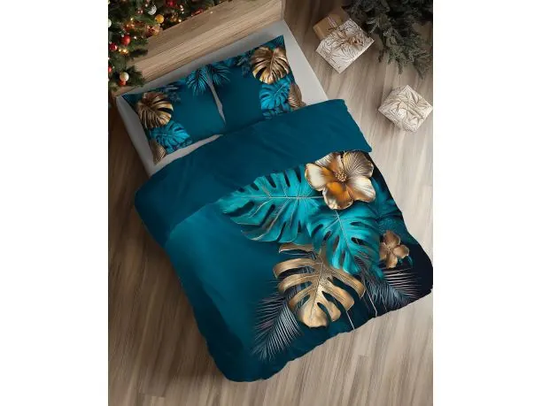 Pościel bawełniana 220x200 Tropikalna Turkusowo-Złota z Motywem Liści i Kwiatów