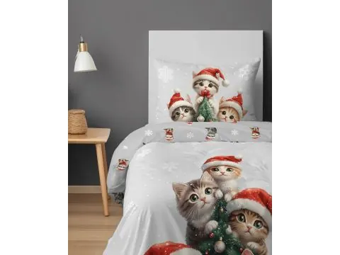 Pościel świąteczna 140x200 z kotkami – Boże Narodzenie czapki Mikołaja choinka śnieżynki dziecięca