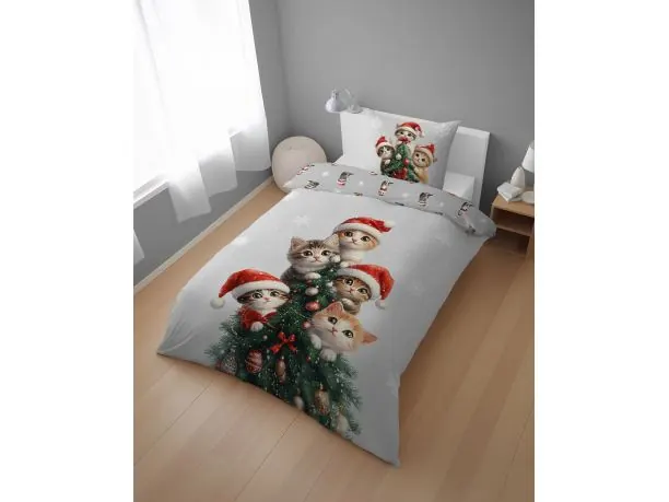 Pościel świąteczna 160x200 z kotkami – Boże Narodzenie czapki Mikołaja choinka śnieżynki dziecięca
