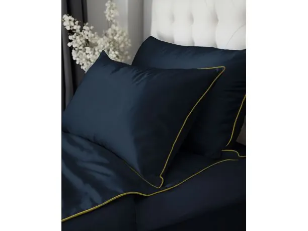 Pościel z makosatyny 180x200 granatowa ze złotą lamówką – luksusowa satyna bawełniana premium