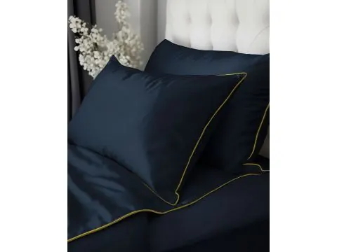 Pościel z makosatyny 220x200 granatowa ze złotą lamówką – luksusowa satyna bawełniana premium