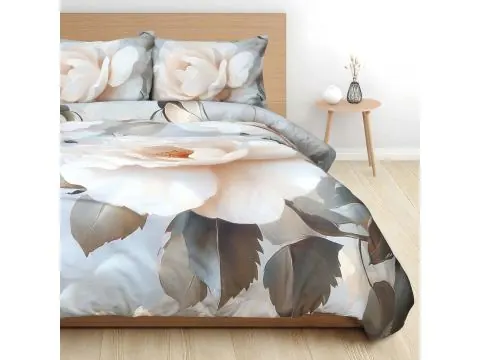 Pościel satynowa SATYNLOVE Premium białe kwiaty róże 220x200 komplet pościeli satyna bawełniana