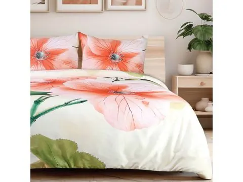 Pościel Satynowa Hibiskus Morelowy 220x200 Delikatny Kwiatowy Wzór
