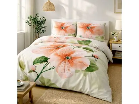 Pościel Satynowa Hibiskus Morelowy 220x200 Delikatny Kwiatowy Wzór
