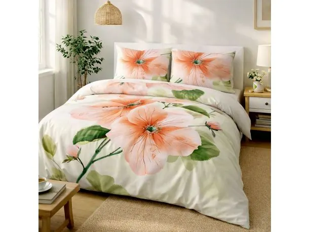 Pościel Satynowa Hibiskus Morelowy 220x200 Delikatny Kwiatowy Wzór