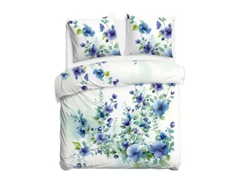 Satynowa pościel 220x200 błękitne kwiaty akwarelowe – romantyczny styl