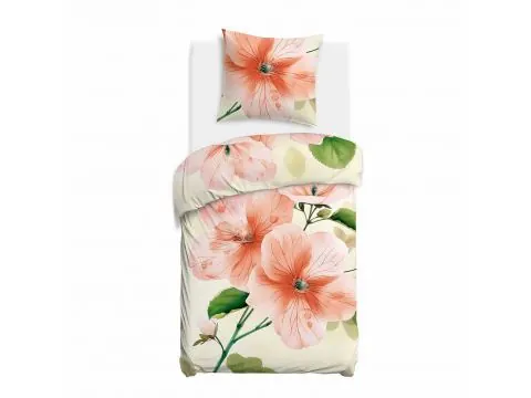 Pościel Satynowa Hibiskus Morelowy 140x200 Delikatny Kwiatowy Wzór