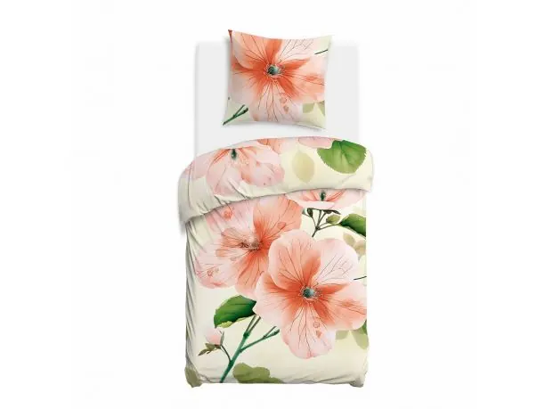 Pościel Satynowa Hibiskus Morelowy 140x200 Delikatny Kwiatowy Wzór