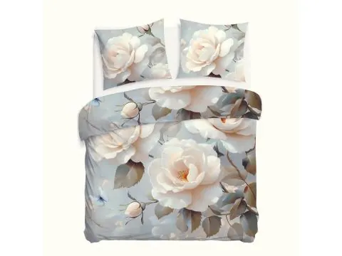 Pościel Satynowa Kremowe Róże na Błękicie 220x200 – Wiosenny Wzór