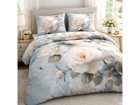 Pościel Satynowa Kremowe Róże na Błękicie 180x200 – Wiosenny Wzór