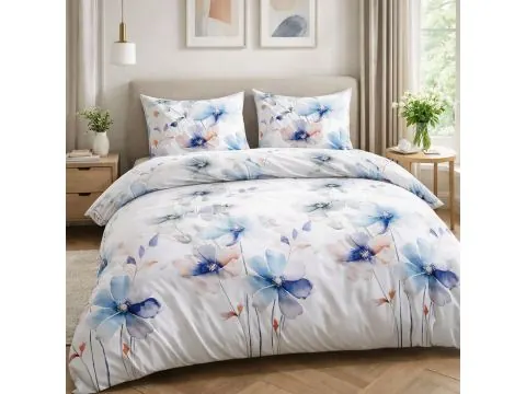 Pościel satynowa błękitne hortensje 180x200 delikatny print SlodkieSny