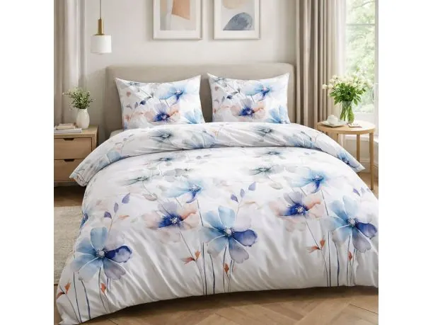 Pościel satynowa błękitne hortensje 180x200 delikatny print SlodkieSny