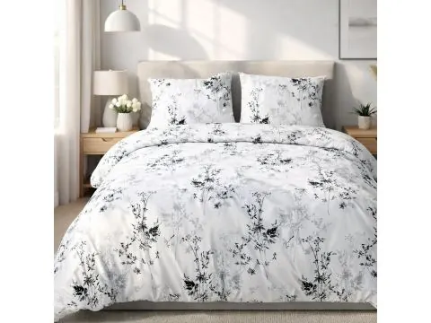 Pościel 180x200 satyna bawełniana trawy szaro czarne – elegancki wzór roślinny