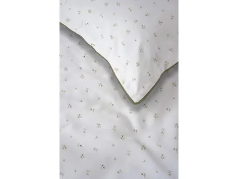 Pościel Perkal 220x200 Biała w Oliwkowe Drobne Kwiatki z Lamówką