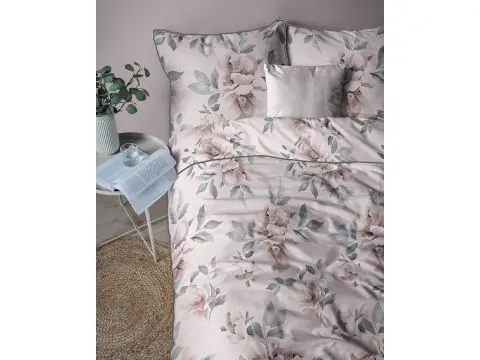 Pościel Perkalowa 160x200 Lame Percale – Duże Piwonie, Różowa Lamówka
