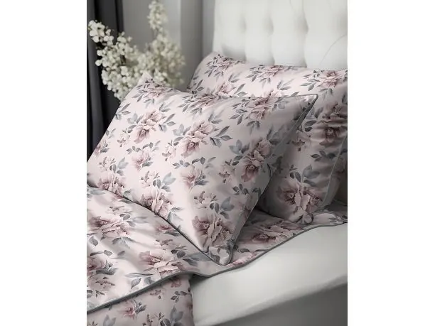 Pościel Perkalowa 220x200 Lame Percale – Duże Piwonie, Różowa Lamówka