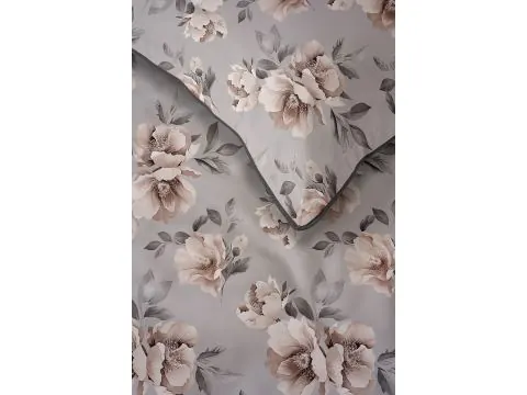 Pościel z Perkalu 220x200 Lame Percale – Szare Piwonie, Szara Lamówka