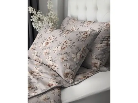 Pościel z Perkalu 220x200 Lame Percale – Szare Piwonie, Szara Lamówka