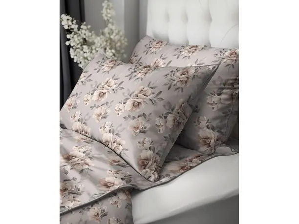 Pościel z Perkalu 220x200 Lame Percale – Szare Piwonie, Szara Lamówka