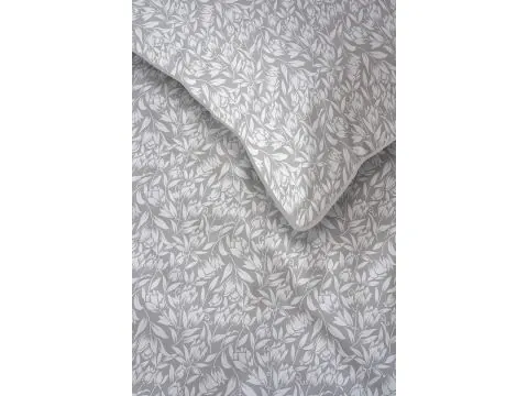 Pościel z perkalu 220x200 100% bawełna – szara w białe liście, lamówka + torba