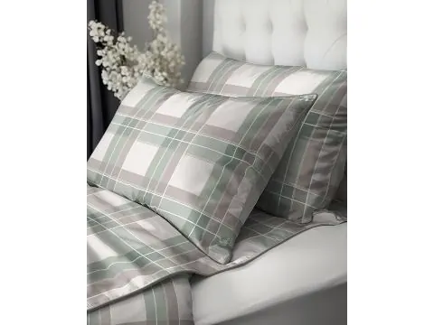 Pościel z perkalu 160x200 – szałwiowa kratka, lamówka + torba 100% bawełna