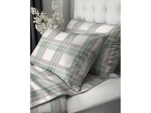 Pościel z perkalu 220x200 – zielona krata, lamówka + torba - 100% bawełna