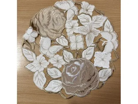 Serwetka Ażurowa 28 cm Biało-Beżowa – Okrągła Nakładka z Różami